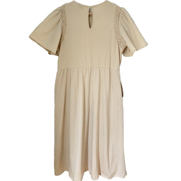 WHO WHAT WEAR Cotton Cream Midi Dress Puff Sleeves Minimal Cottagecore Modest L - Picture 7 of 9